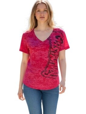 Gas Monkey Women’s Pink Burnout V-Neck Graphic Tee with Side Script
